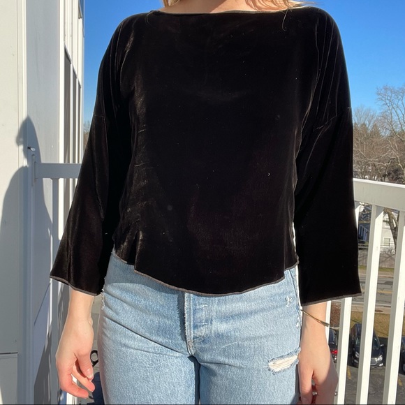 Zoran Velvet Top Vintage Silk Chocolate Brown Dolman Sleeve Boatneck Blouse - Picture 3 of 9